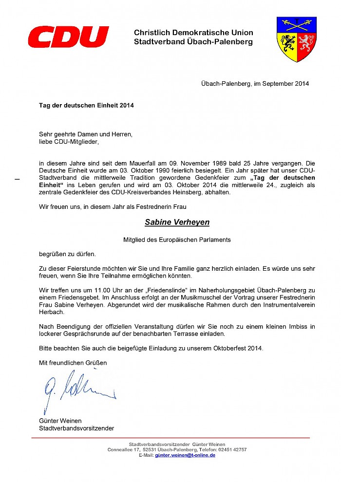 Einladungsschreiben Tag der Deutschen Einheit 2014